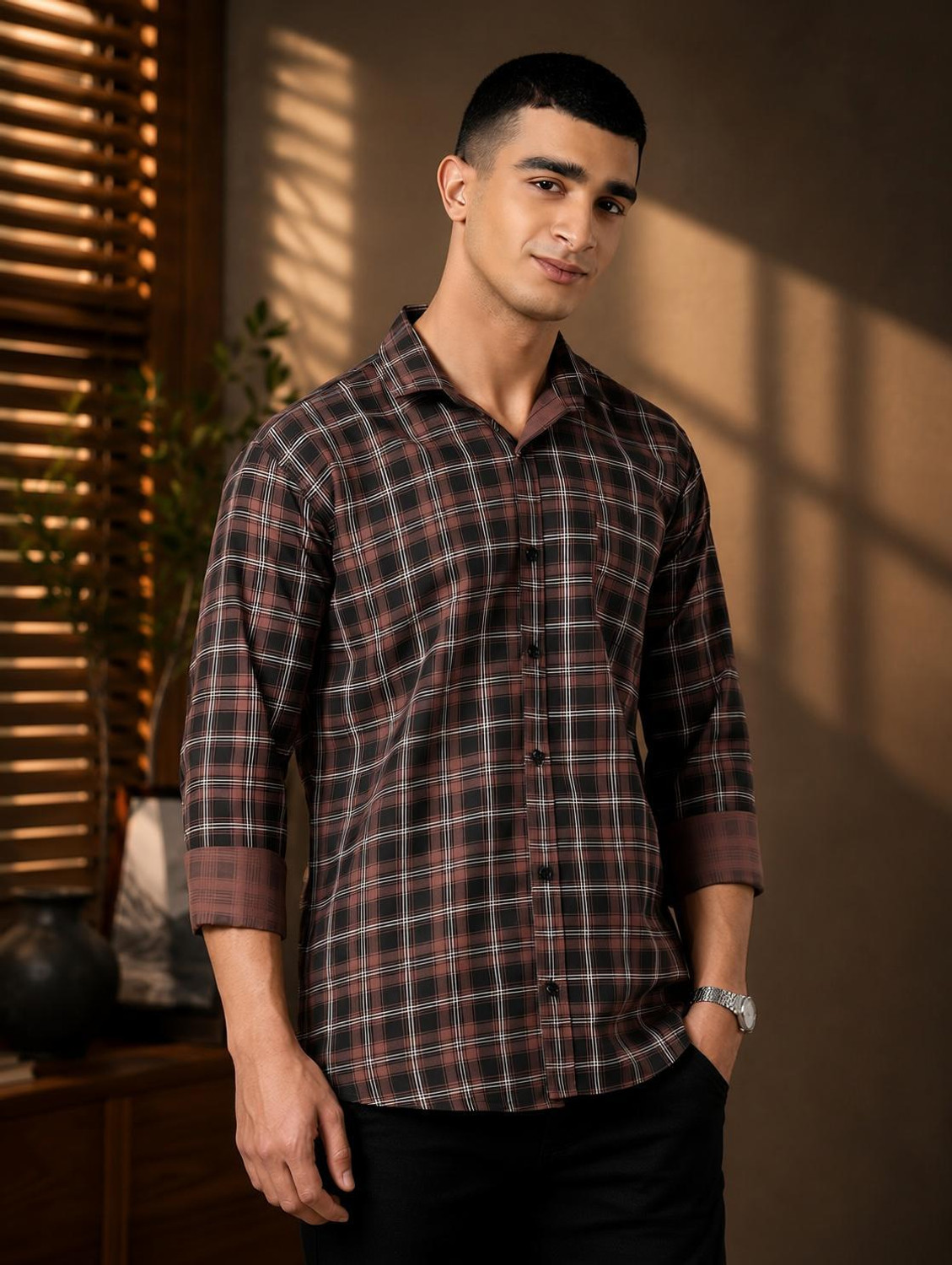 Image of HKV FASHION Men Regular Fit Checkered Spread Collar Casual Shirt