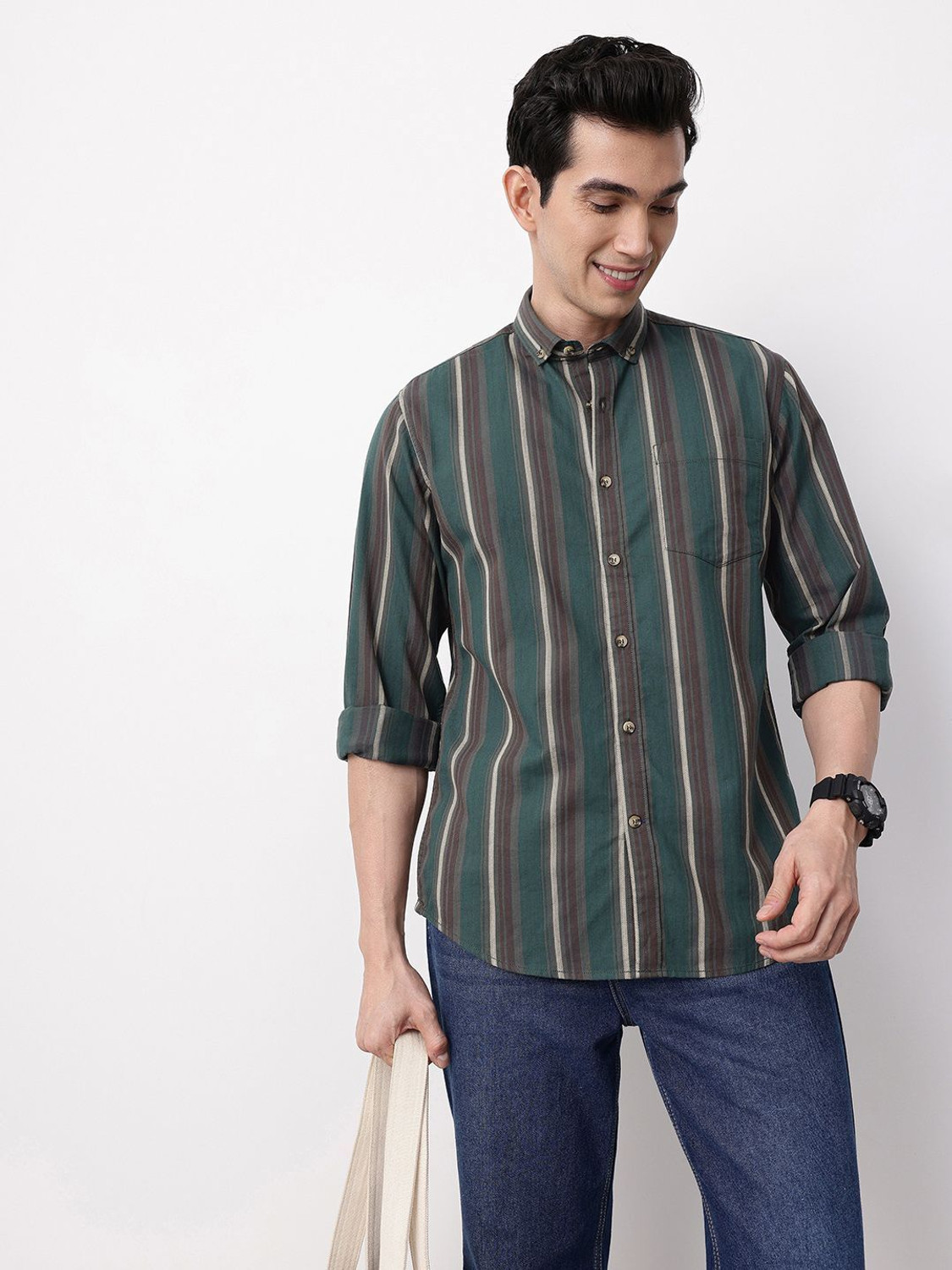 Mast & Harbour Men Striped Casual Green Shirt