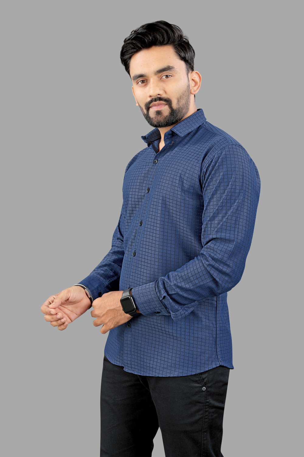 Image of VELLOSTA Men Checkered Casual Dark Blue Shirt