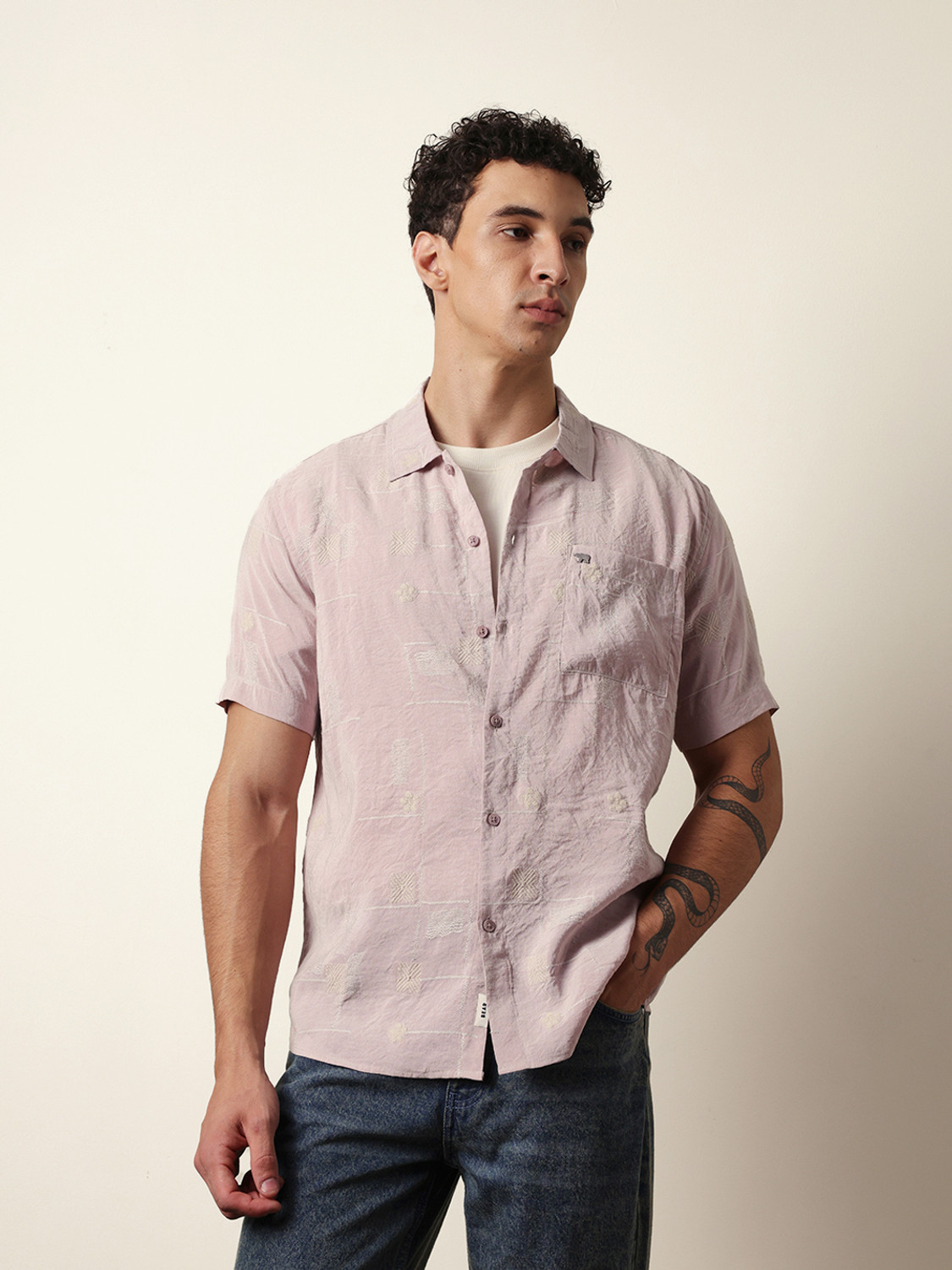 Image of THE BEAR HOUSE Men Self Design Casual Pink Shirt