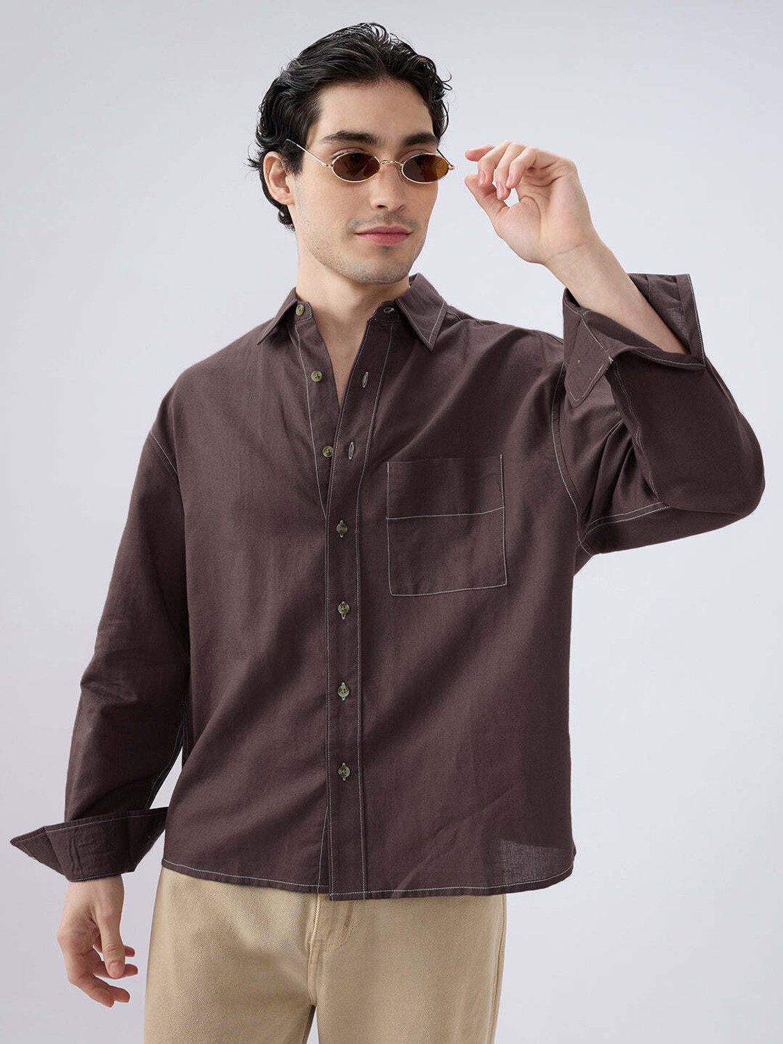 Image of VASTRADO Men Solid Casual Brown Shirt