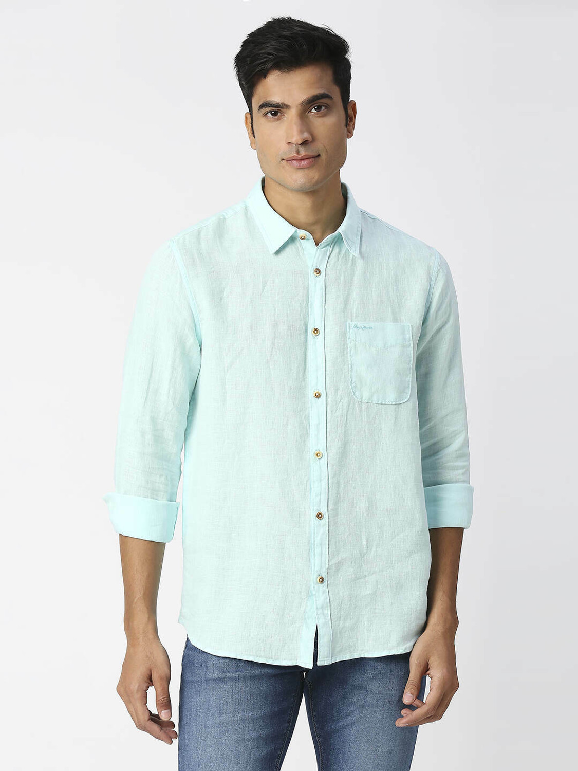 Image of Pepe Jeans Men Solid Casual Blue Shirt
