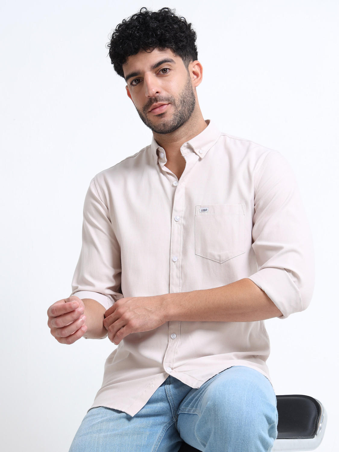Image of U.S. Pitchers Men Solid Casual Beige Shirt