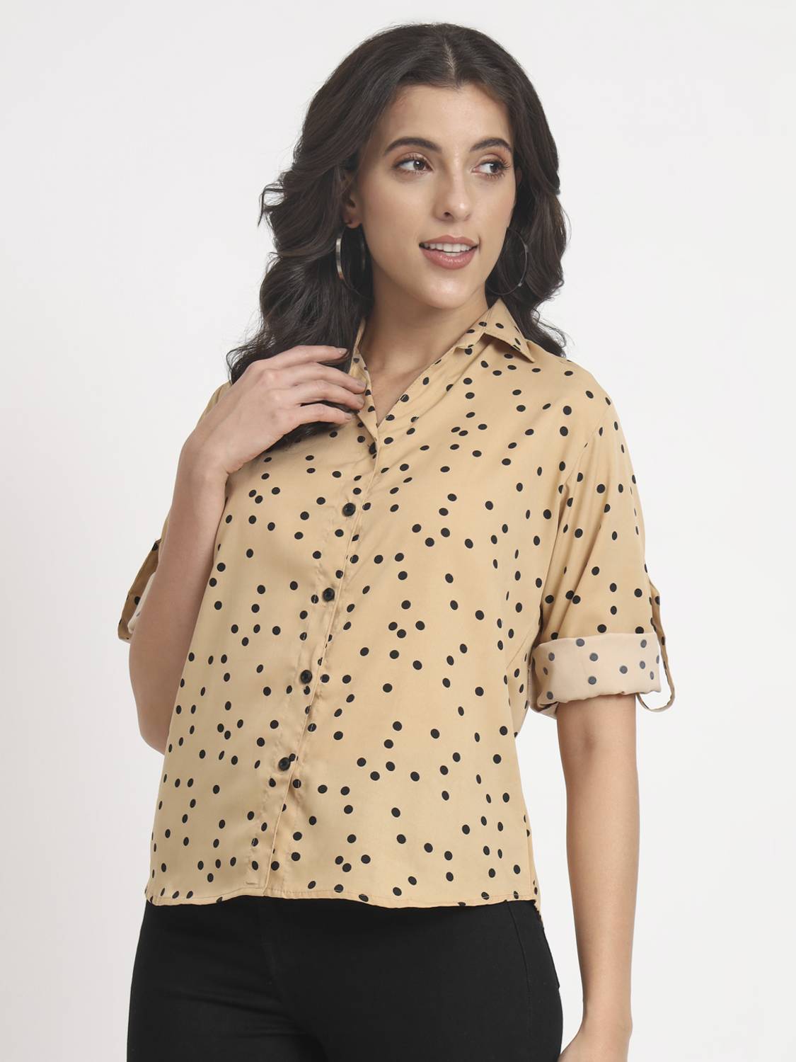 ANGOORI FASHION Women Printed Casual Beige, Black Shirt