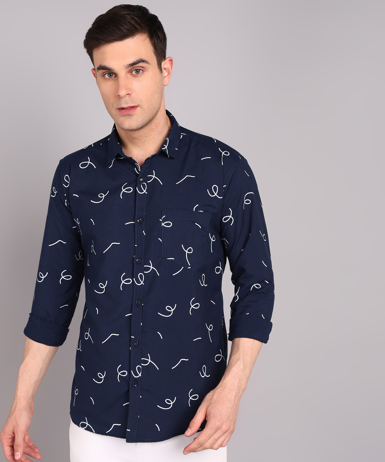 Image of Vellical Men Printed Casual Dark Blue Shirt