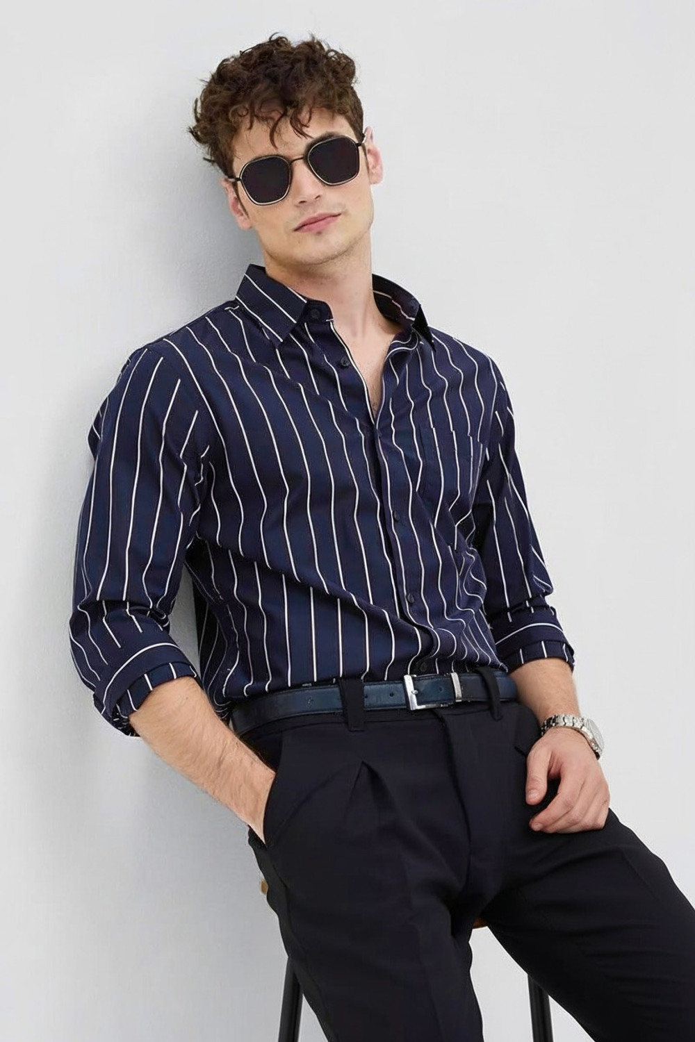 Image of RODEIZ Men Striped Casual Blue Shirt
