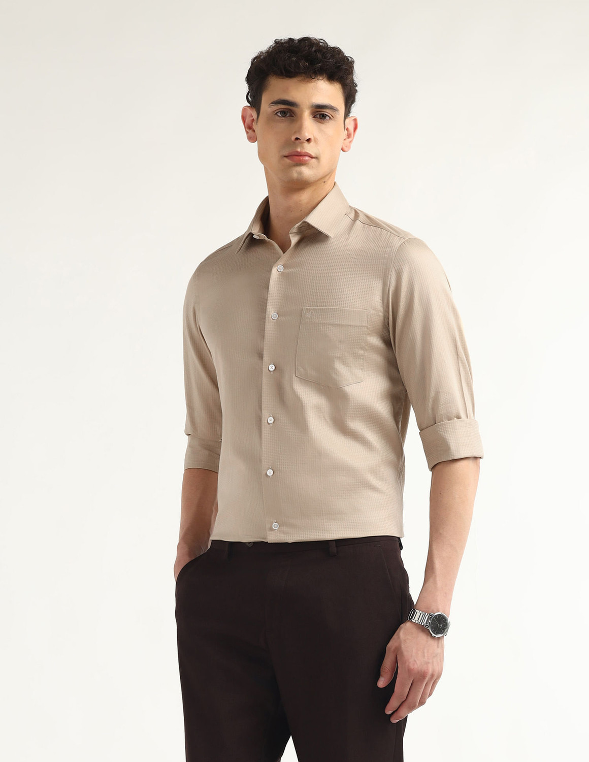 Image of ARROW Men Self Design Formal Beige Shirt