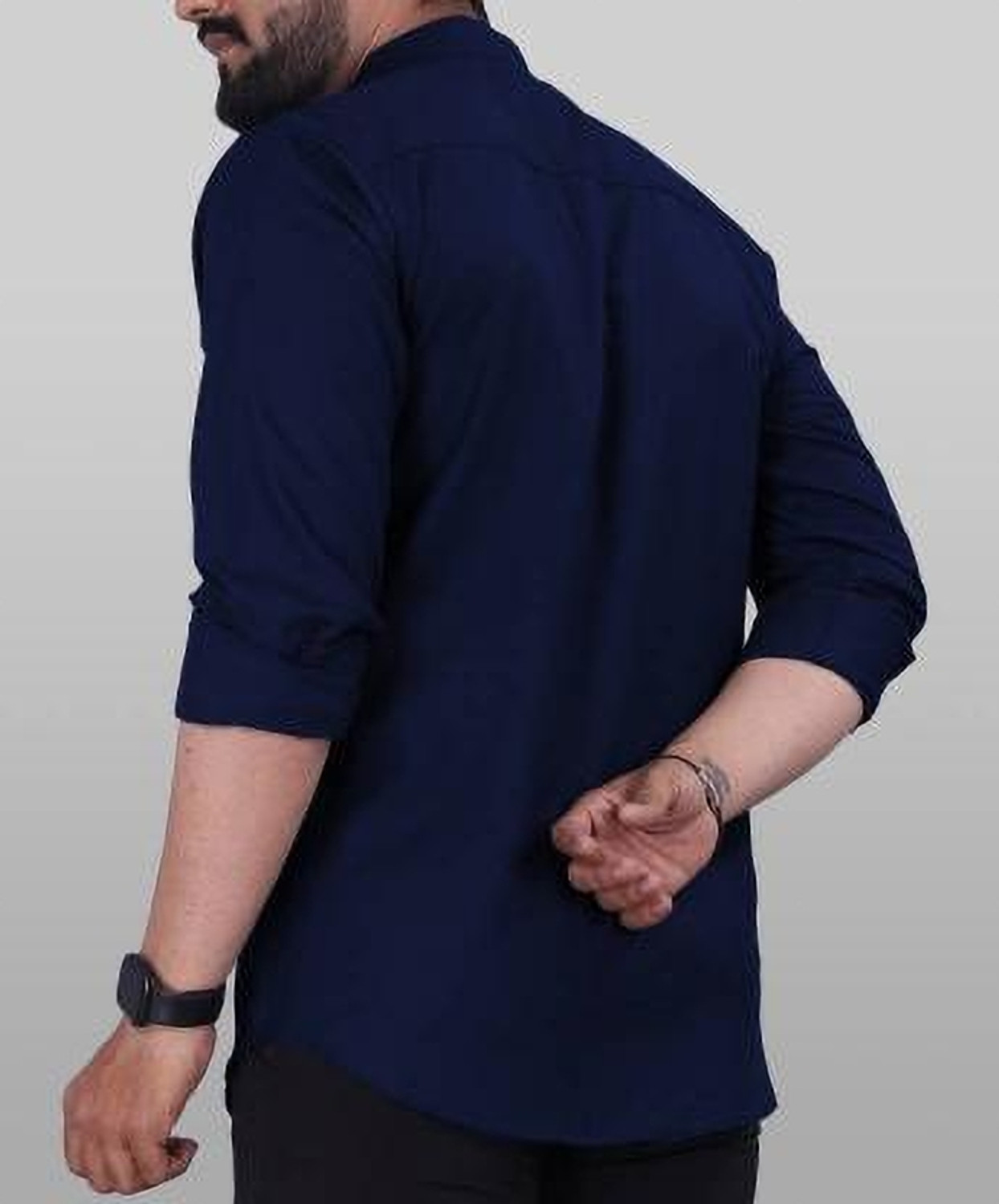 Image of ANAND Men Solid Casual Dark Blue Shirt