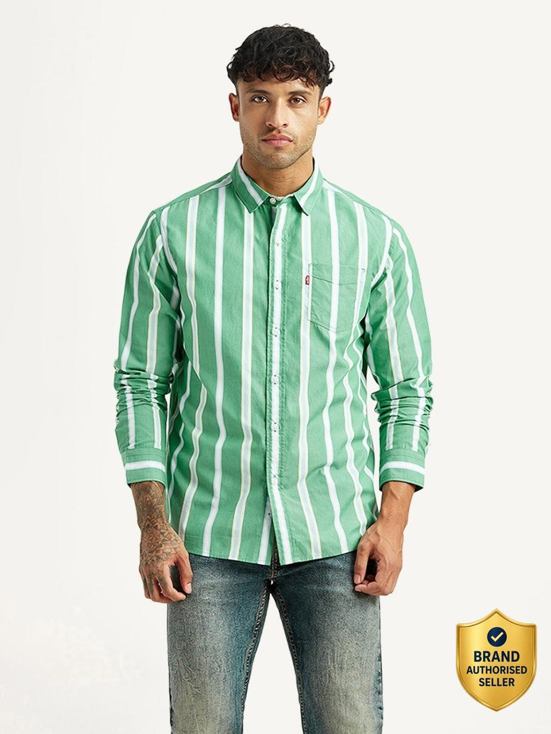 Image of LEVI'S Men Striped Casual Green Shirt