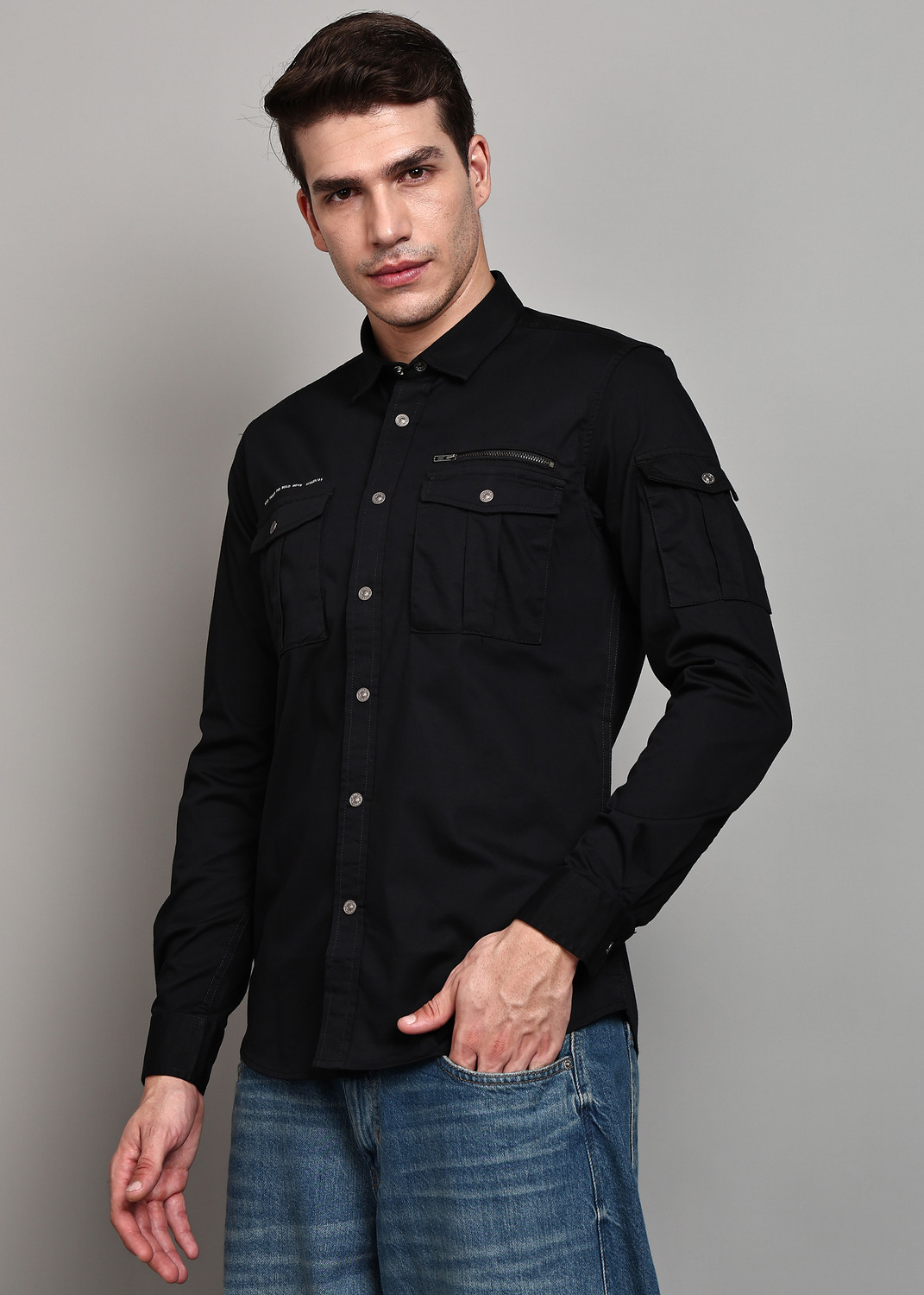 Image of KILLER Men Solid Casual Black Shirt