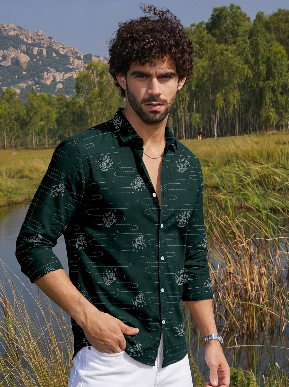 Image of VD Looks Men Printed Casual Green Shirt