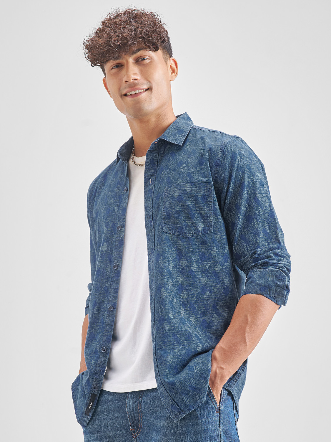 Image of LOCOMOTIVE Men Self Design Casual Blue Shirt