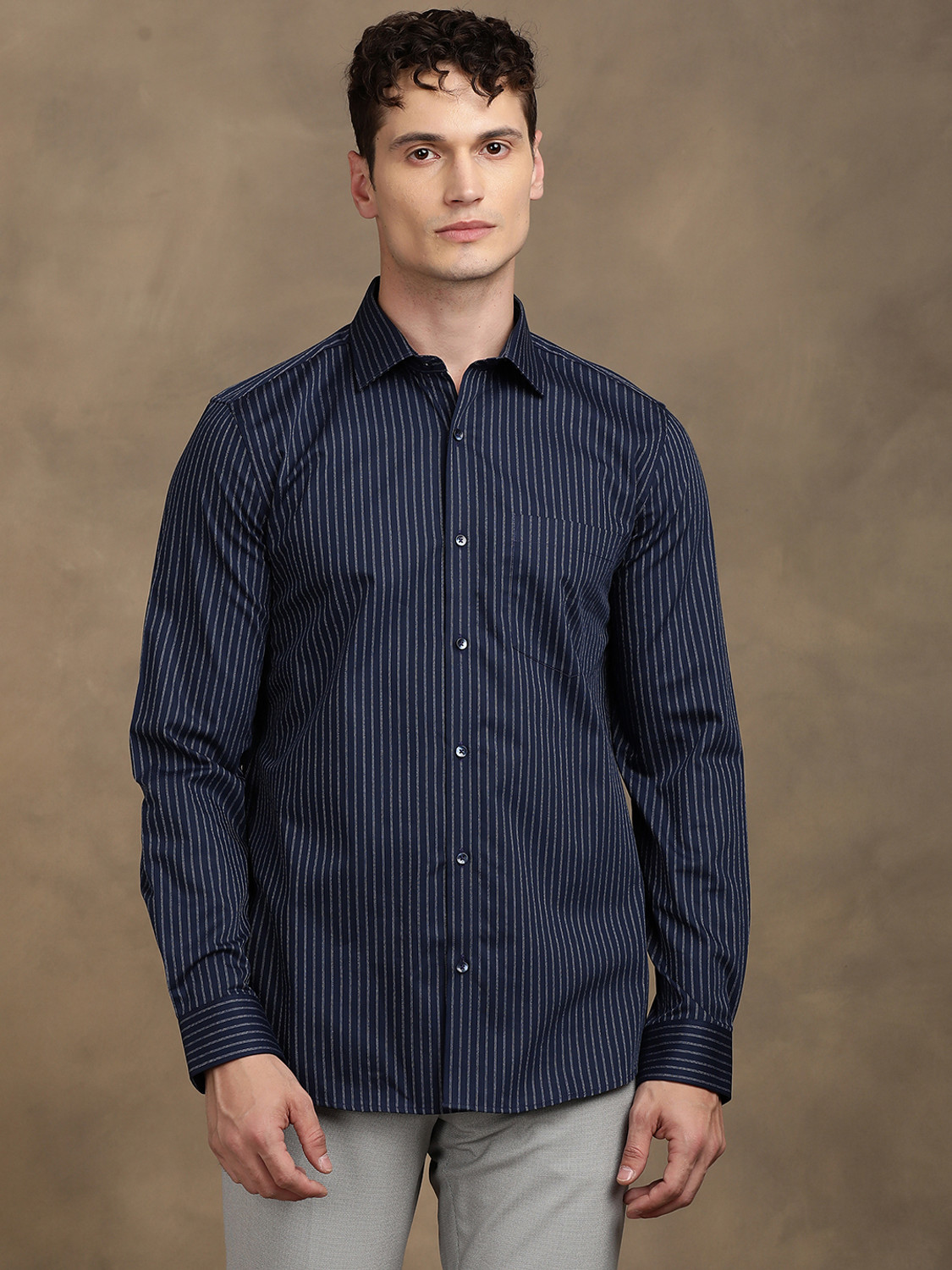 Image of TURTLE Men Striped Formal Blue Shirt