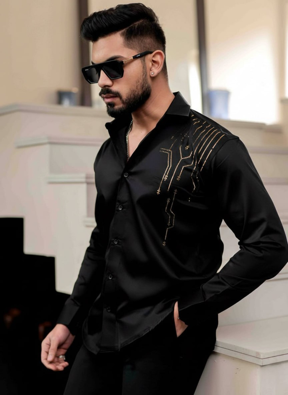 Image of YUVIRA Men Solid, Embellished Party Black Shirt