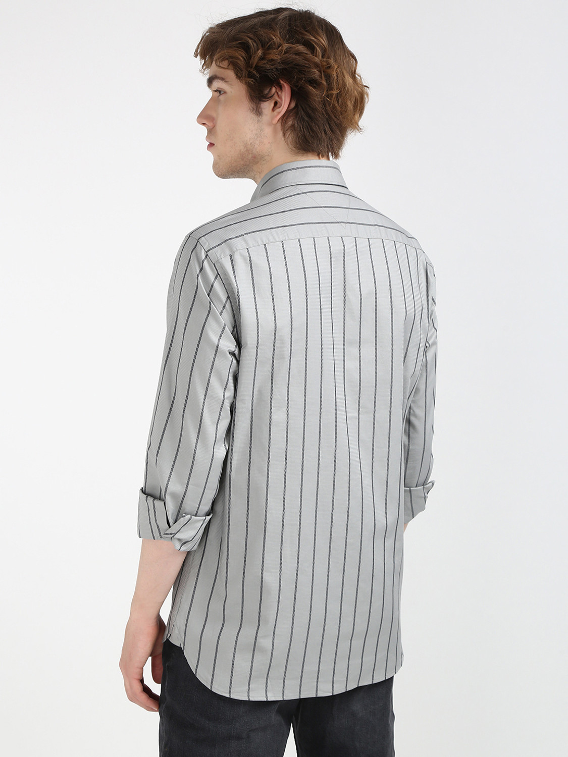 Image of TOMMY HILFIGER Men Striped Casual Grey Shirt