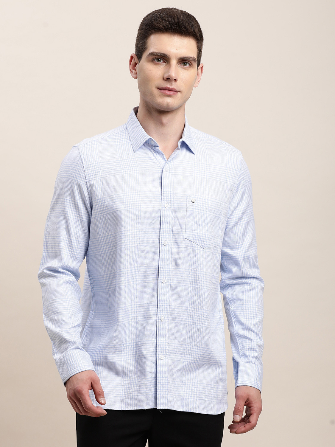 Image of TURTLE Men Checkered Casual Light Blue Shirt