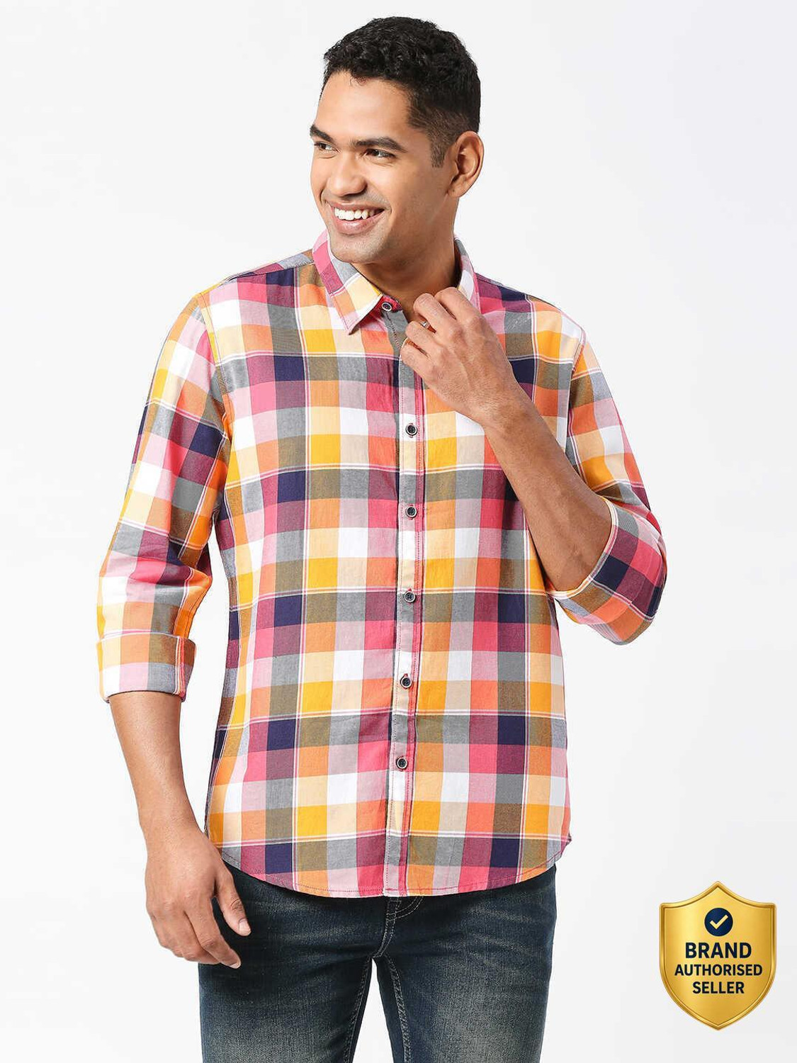 Image of Pepe Jeans Men Checkered Casual Orange Shirt