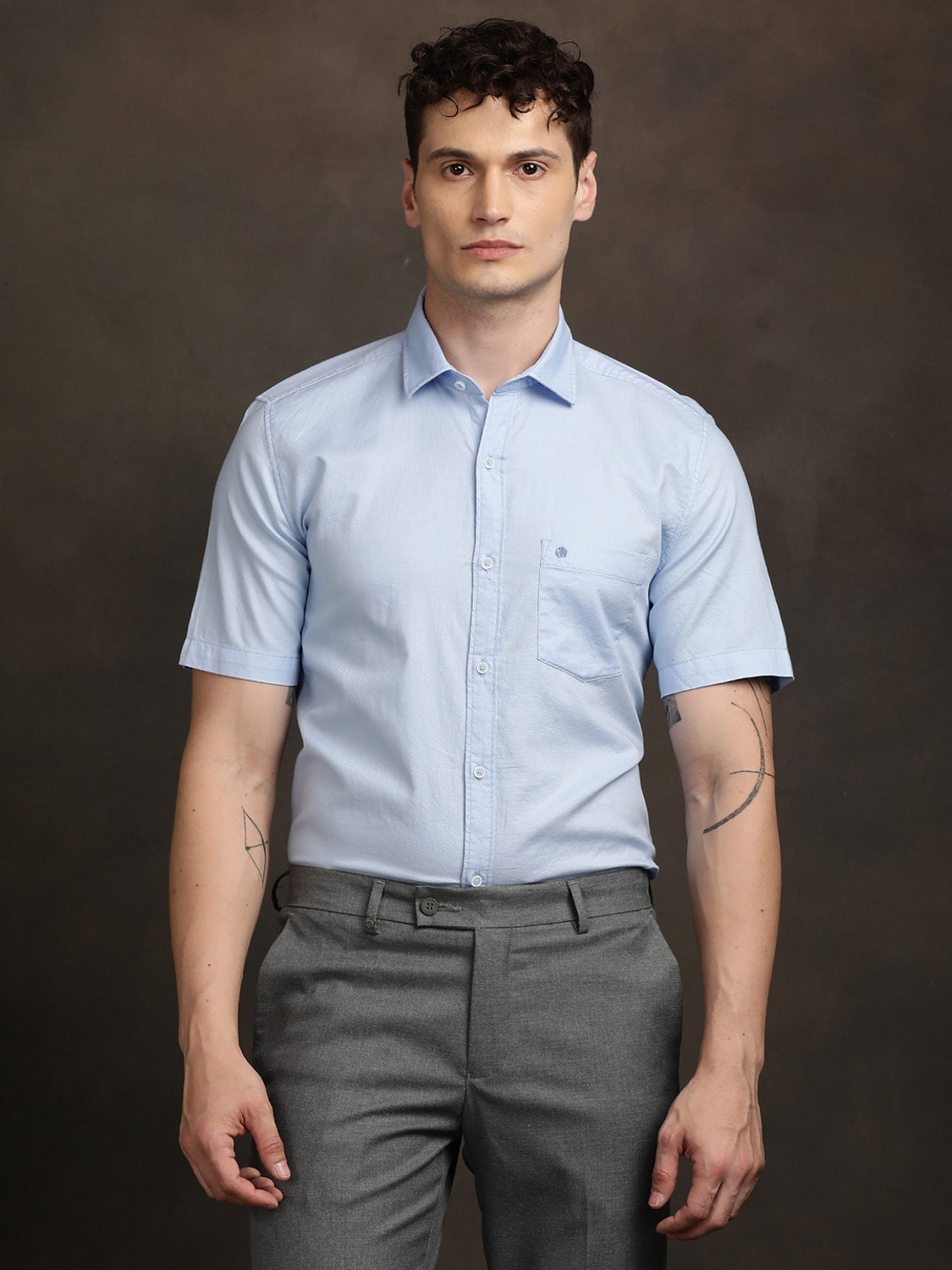 Image of TURTLE Men Solid Casual Light Blue Shirt