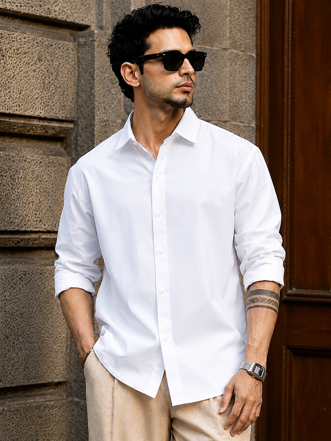 Image of BROCON Men Solid Casual White Shirt