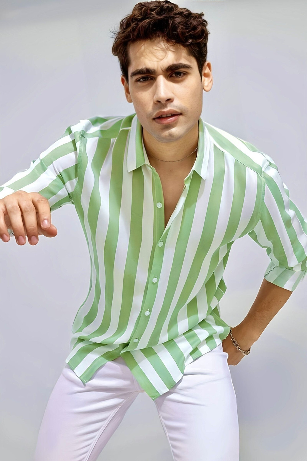 Image of Surhi Men Striped Casual Light Green Shirt