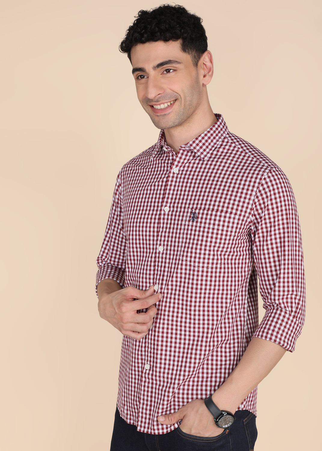 Image of U.S. POLO ASSN. Men Checkered Casual Maroon Shirt