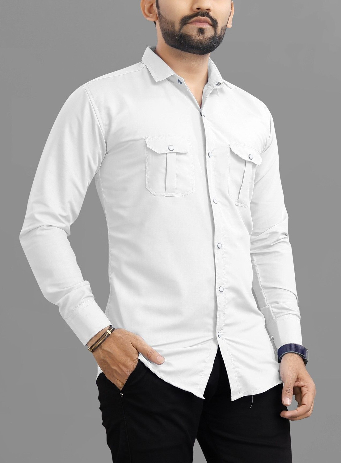 Image of RAHUL LOOK Men Solid Casual White Shirt