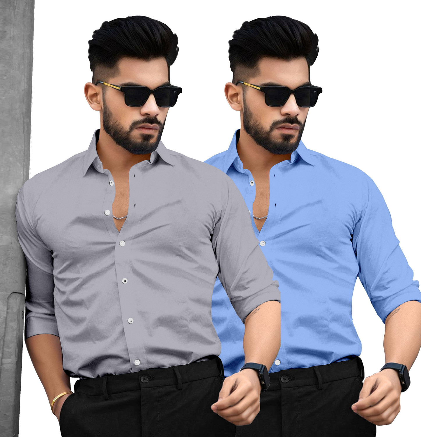 Image of SAADIWALA Men Solid Casual Light Blue, Grey Shirt
