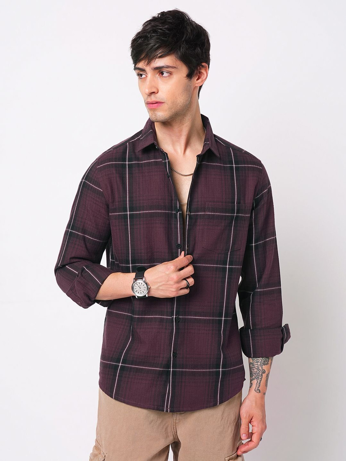 Image of VASTRADO Men Checkered Casual Purple Shirt