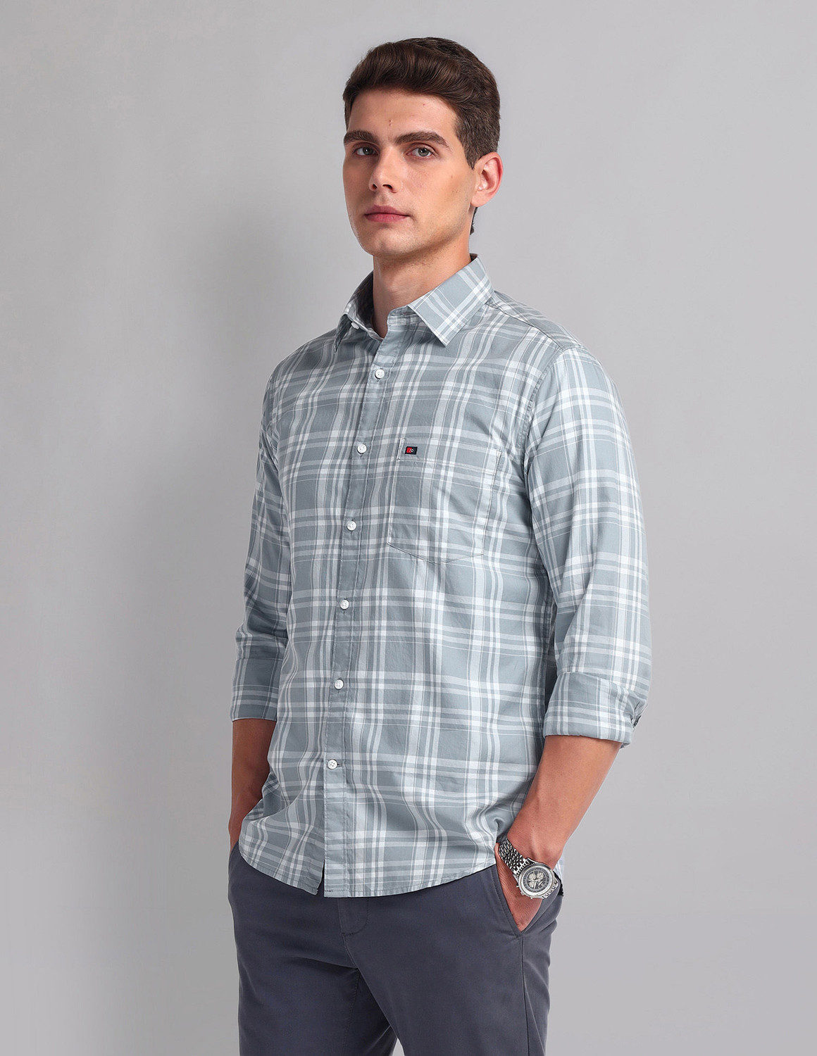 Image of AD by Arvind Men Checkered Casual Grey Shirt