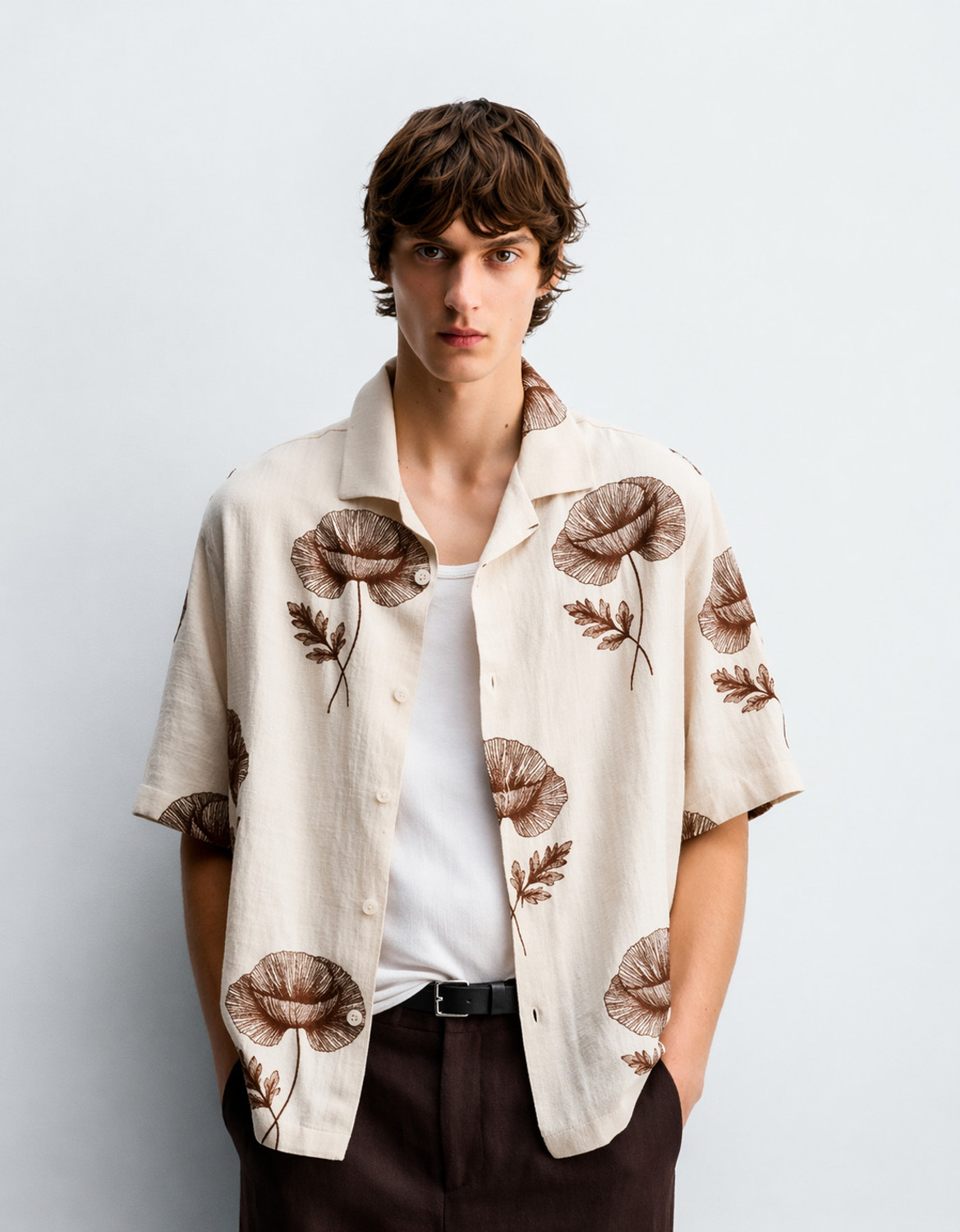 Image of Men's fashion Men Floral Print Casual Cream Shirt