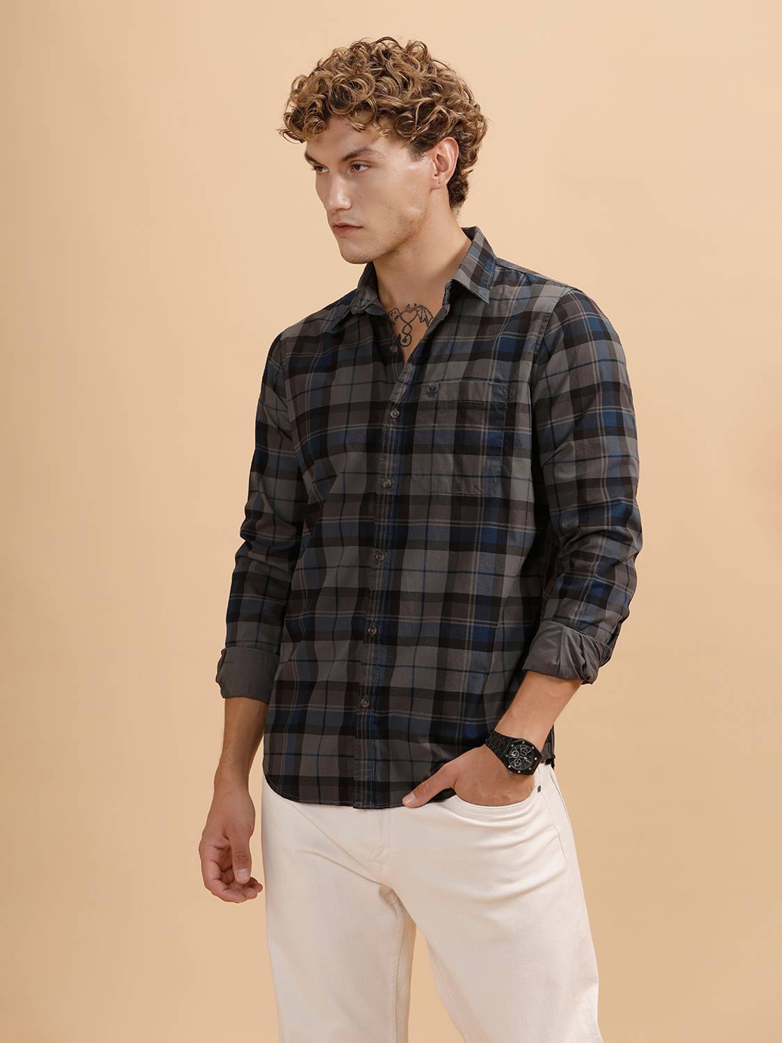 WROGN Men Checkered Casual Grey Shirt