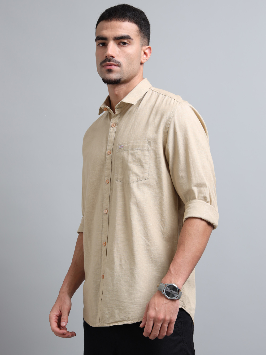Image of U.S. Pitchers Men Solid Casual Beige Shirt