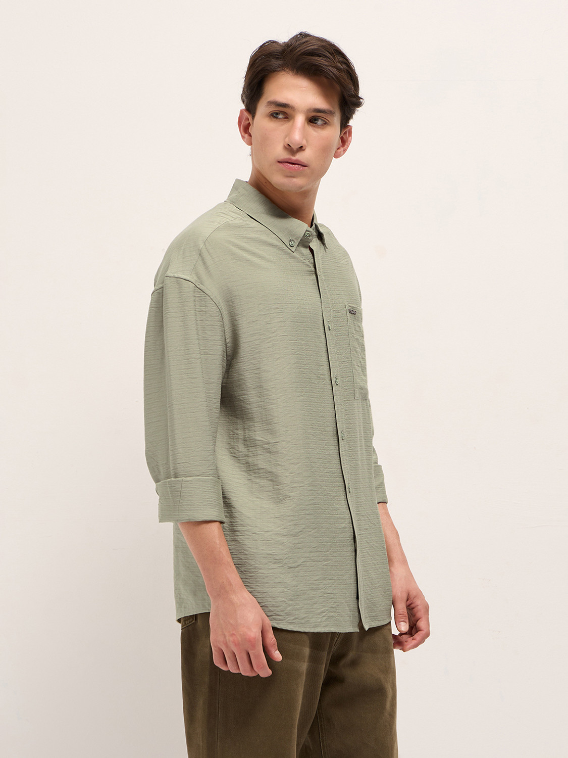 Image of THE BEAR HOUSE Men Self Design Casual Dark Green Shirt