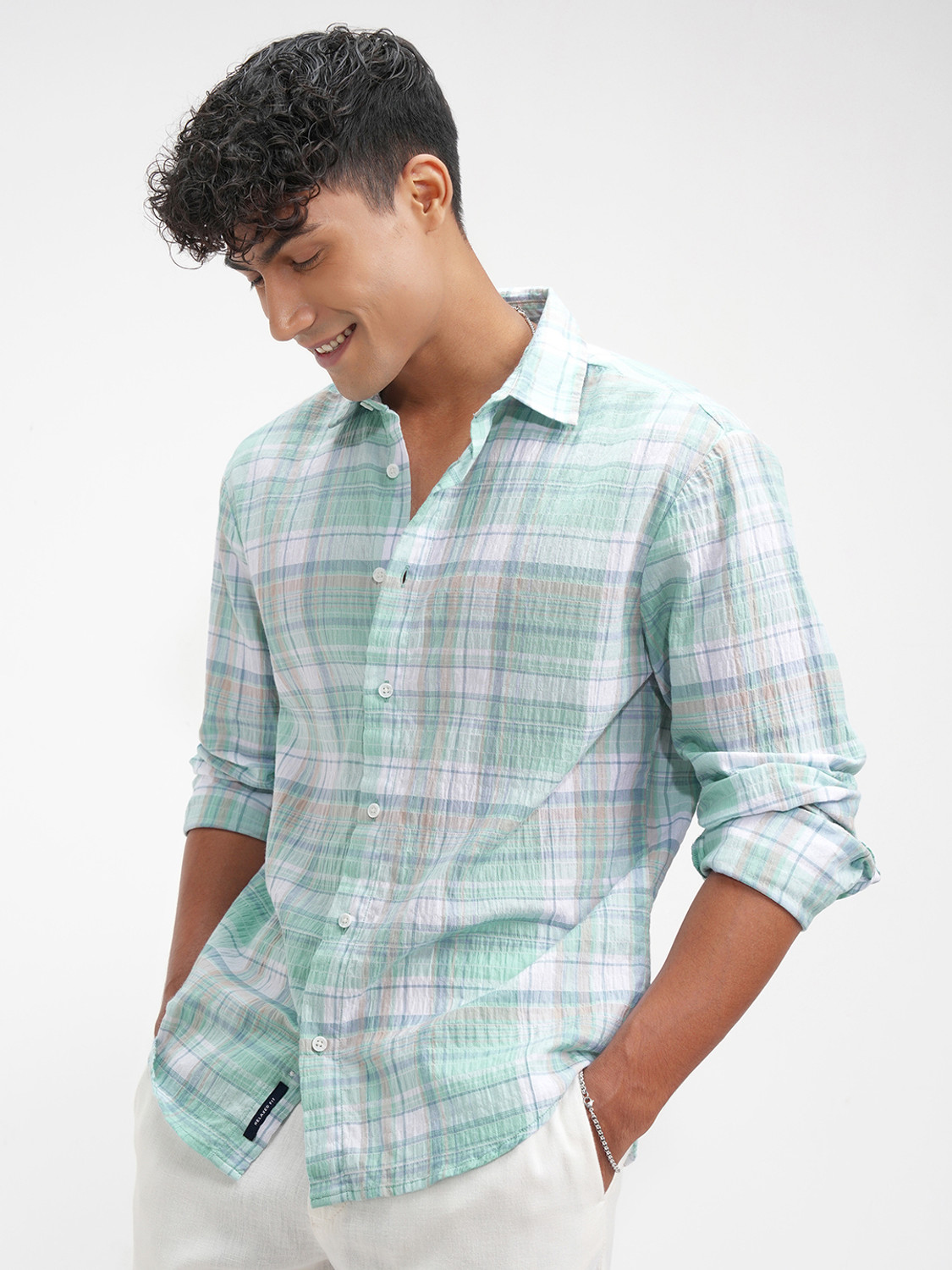 Image of HIGHLANDER Men Checkered Casual Green Shirt