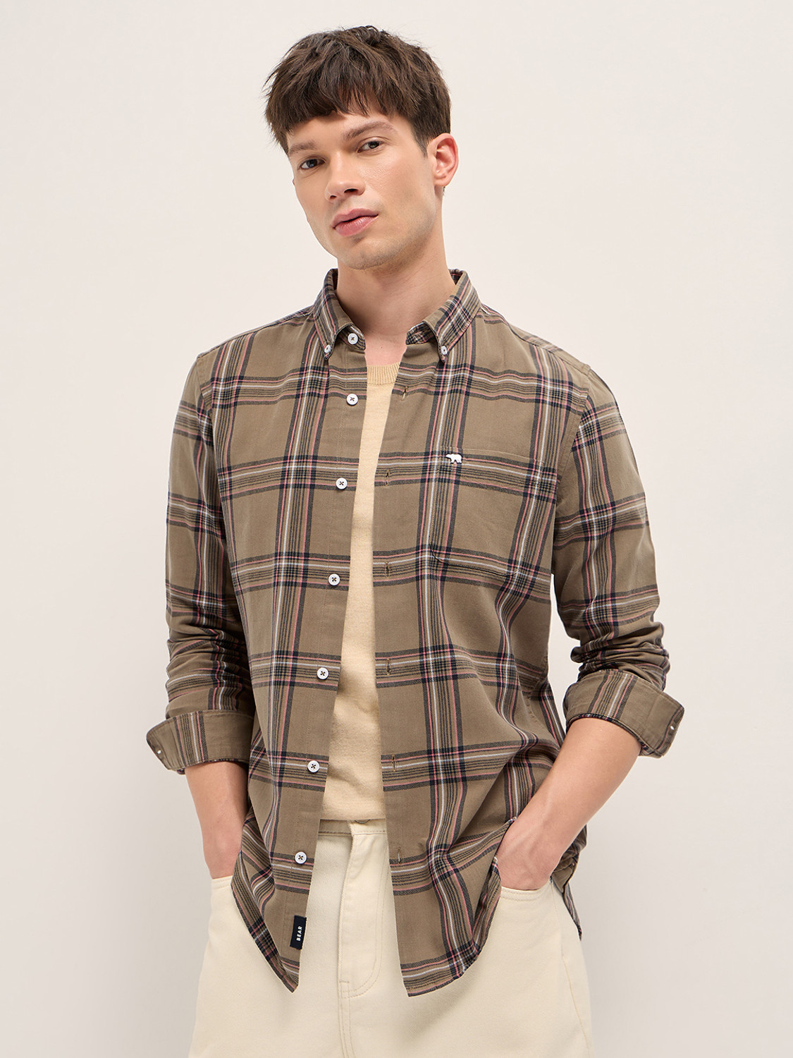 Image of THE BEAR HOUSE Men Checkered Casual Brown Shirt