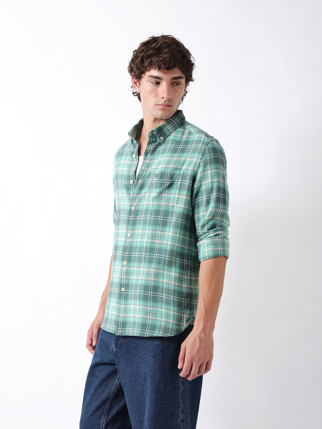 Image of THE BEAR HOUSE Men Checkered Casual Green Shirt