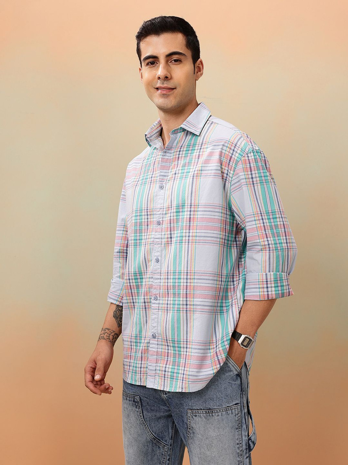 Image of Mast & Harbour Men Checkered Casual Blue Shirt
