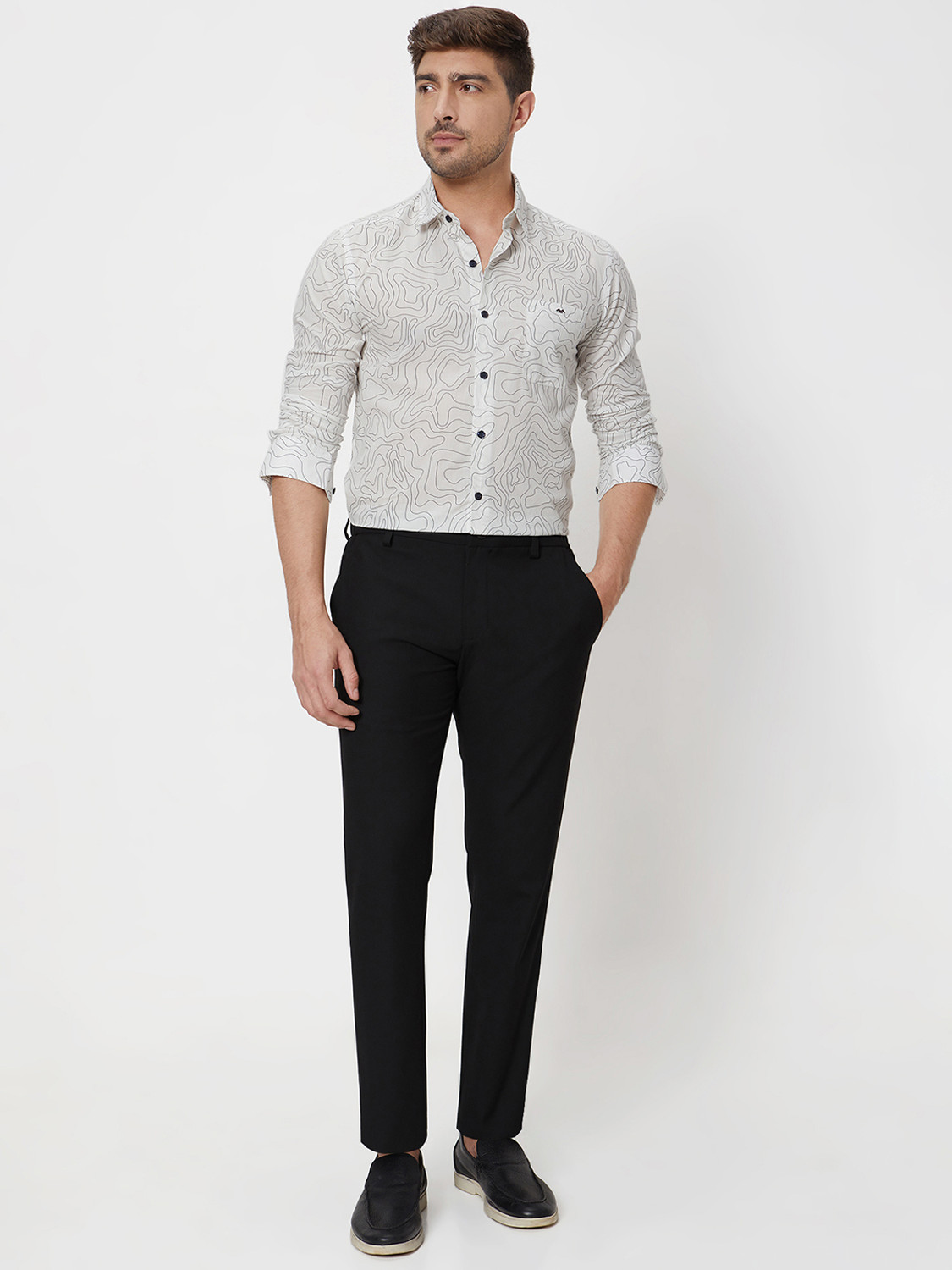 Image of MUFTI Men Printed Casual White, Black Shirt