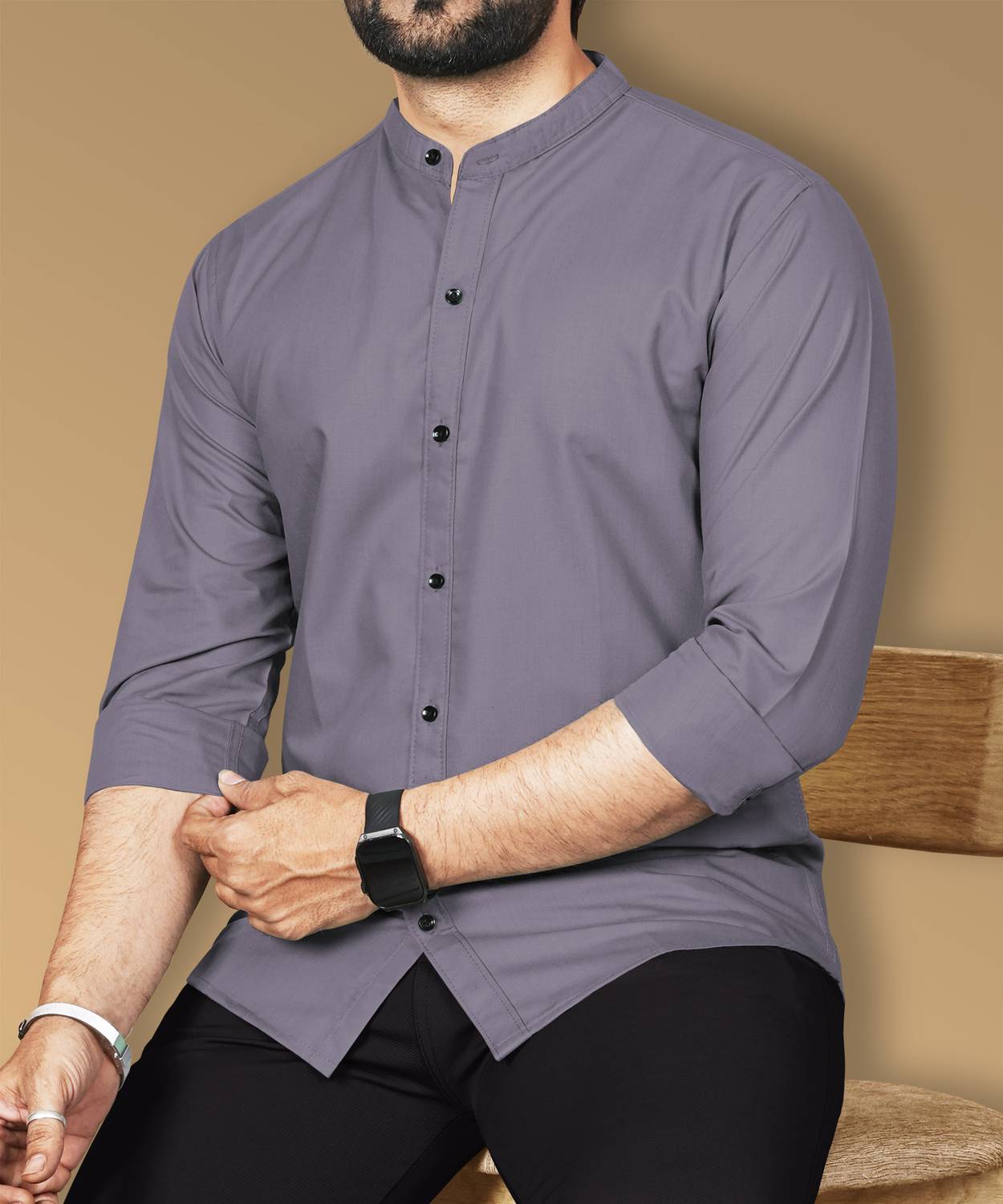 VeBNoR Men Regular Fit Solid Mandarin Collar Casual Shirt