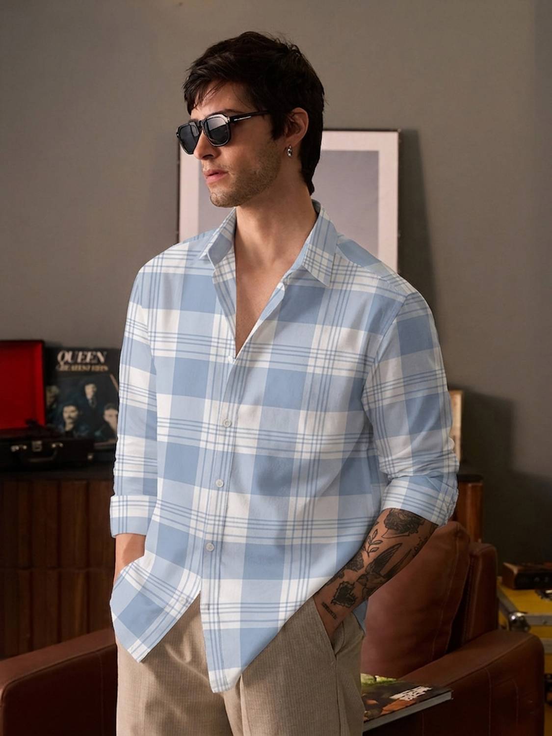 SHIRTZONE Men Light Blue Checkered Shirt - Image 1