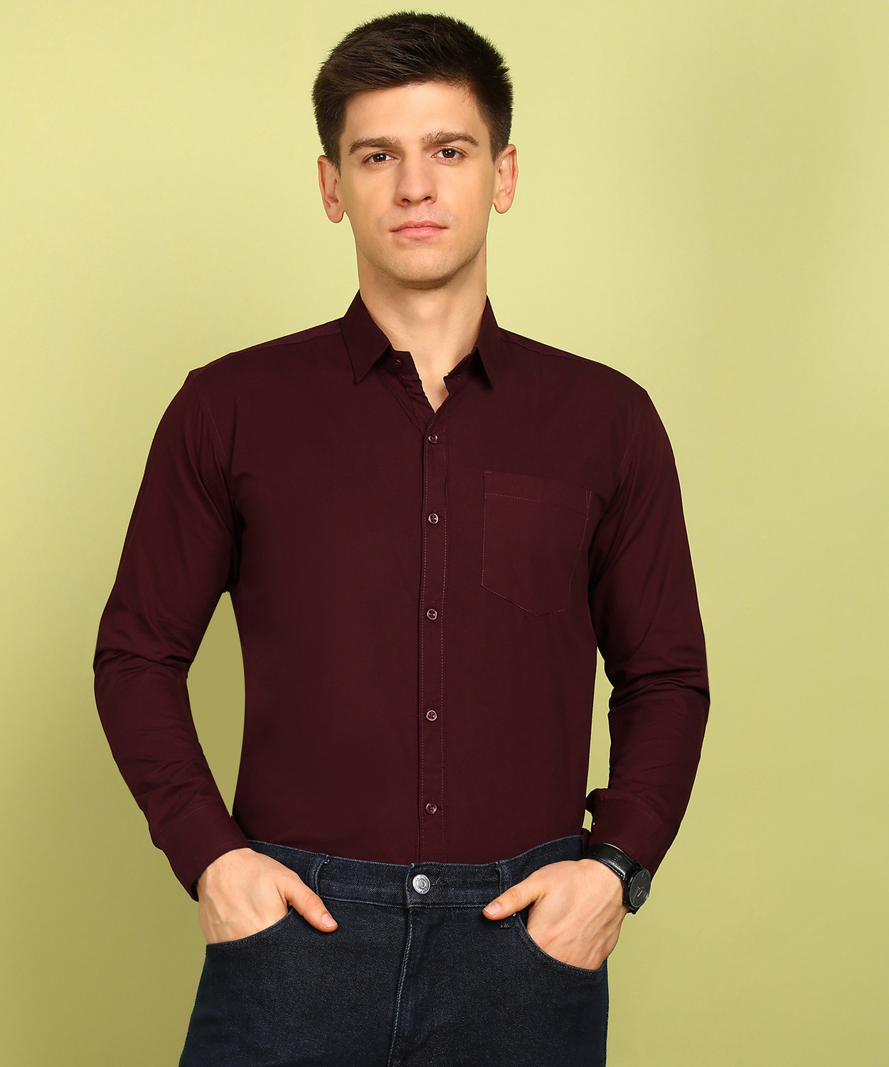 Image of FUBAR Men Solid Formal Maroon Shirt