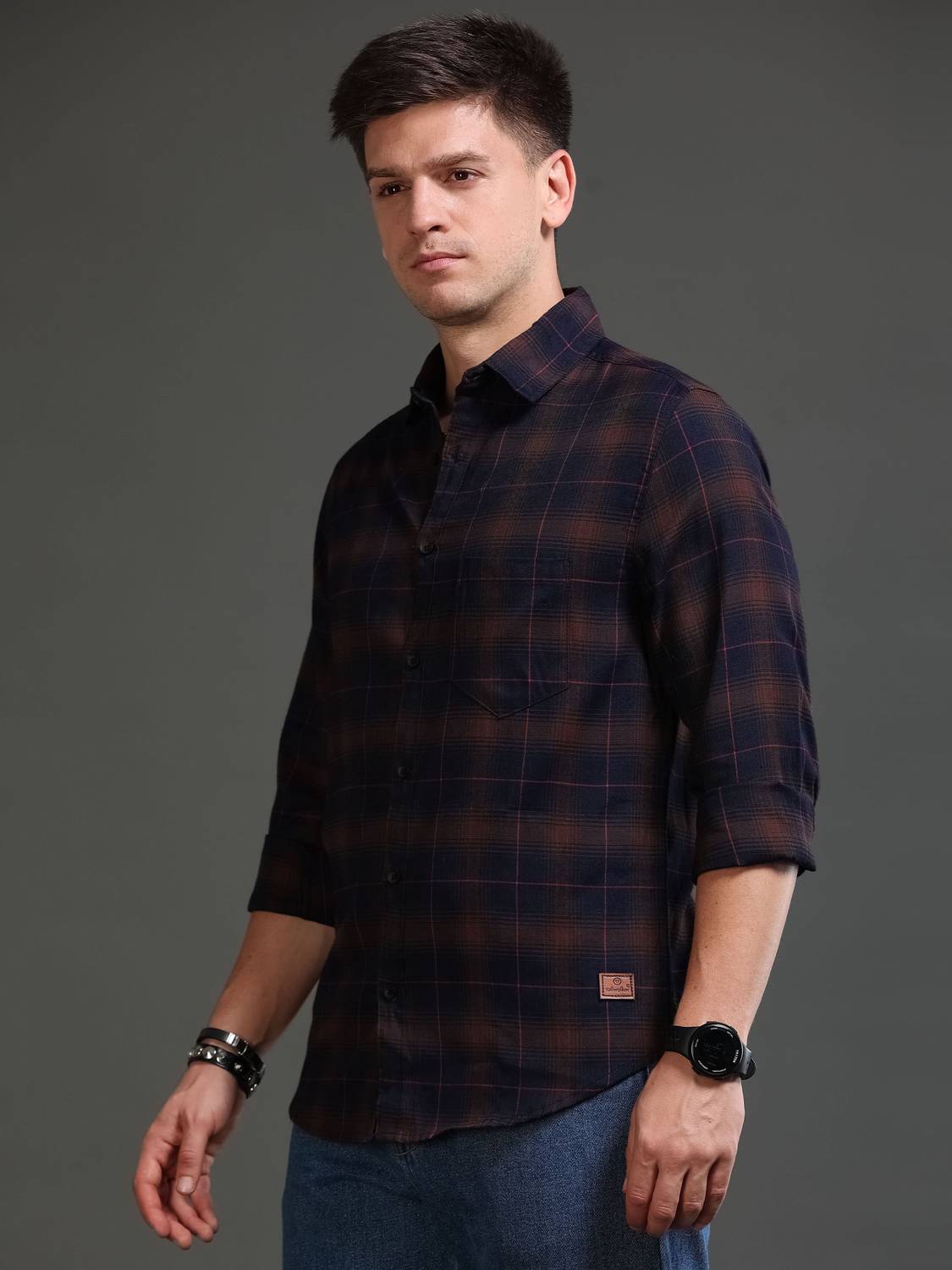 tallwalker Men Checkered Casual Brown, Blue Shirt - Image 3