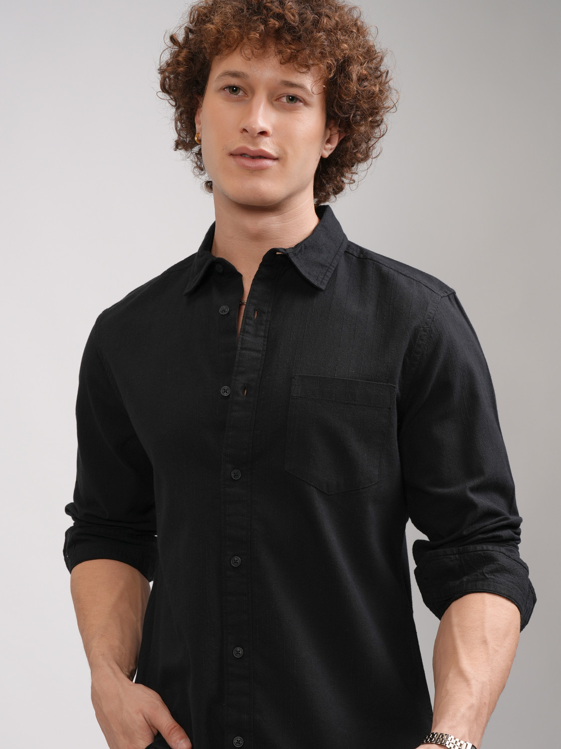 Image of HIGHLANDER Men Striped Casual Black Shirt