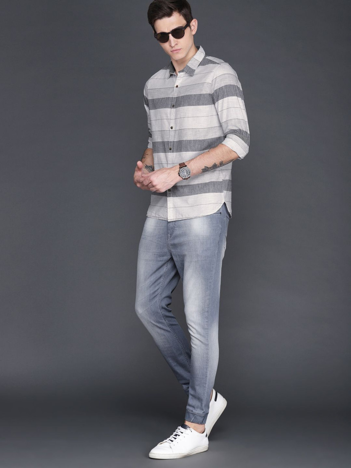 Image of WROGN Men Striped Casual White, Grey Shirt