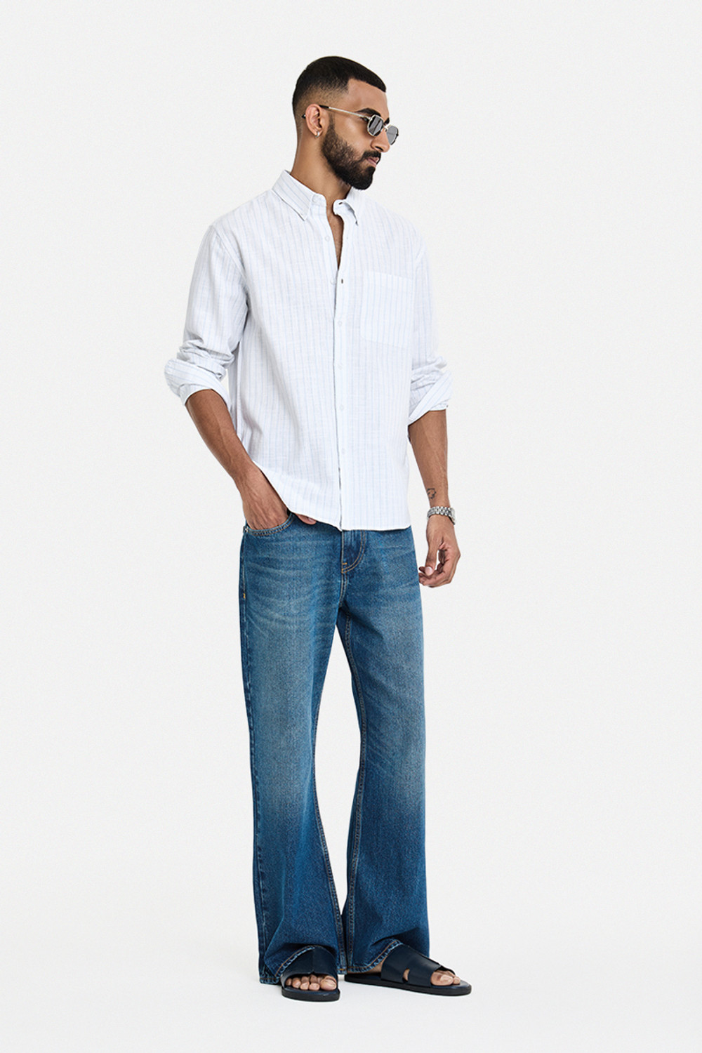 Image of Snitch Men Striped Casual White Shirt
