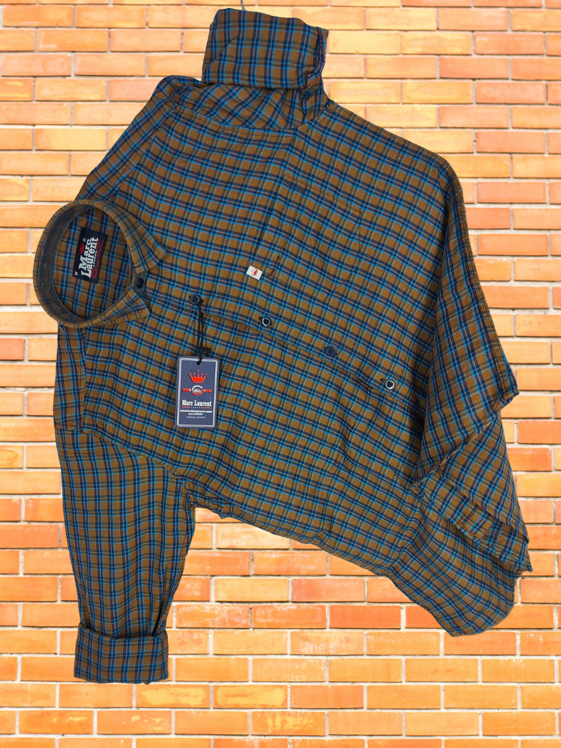 Image of Marc Laurent Men Checkered Casual Brown, Light Blue, Dark Blue Shirt