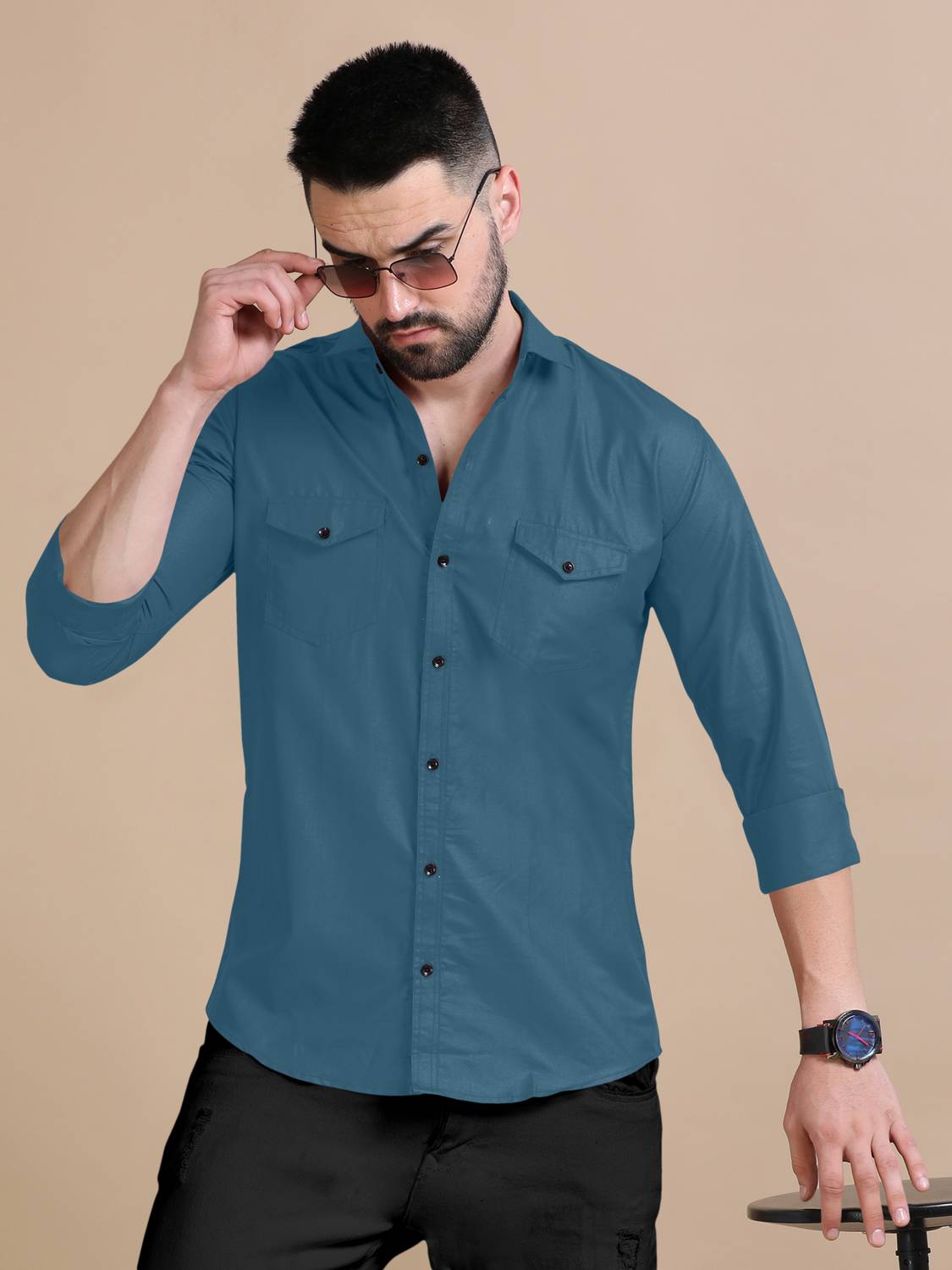 BroMiyO Men Solid Casual Blue Shirt