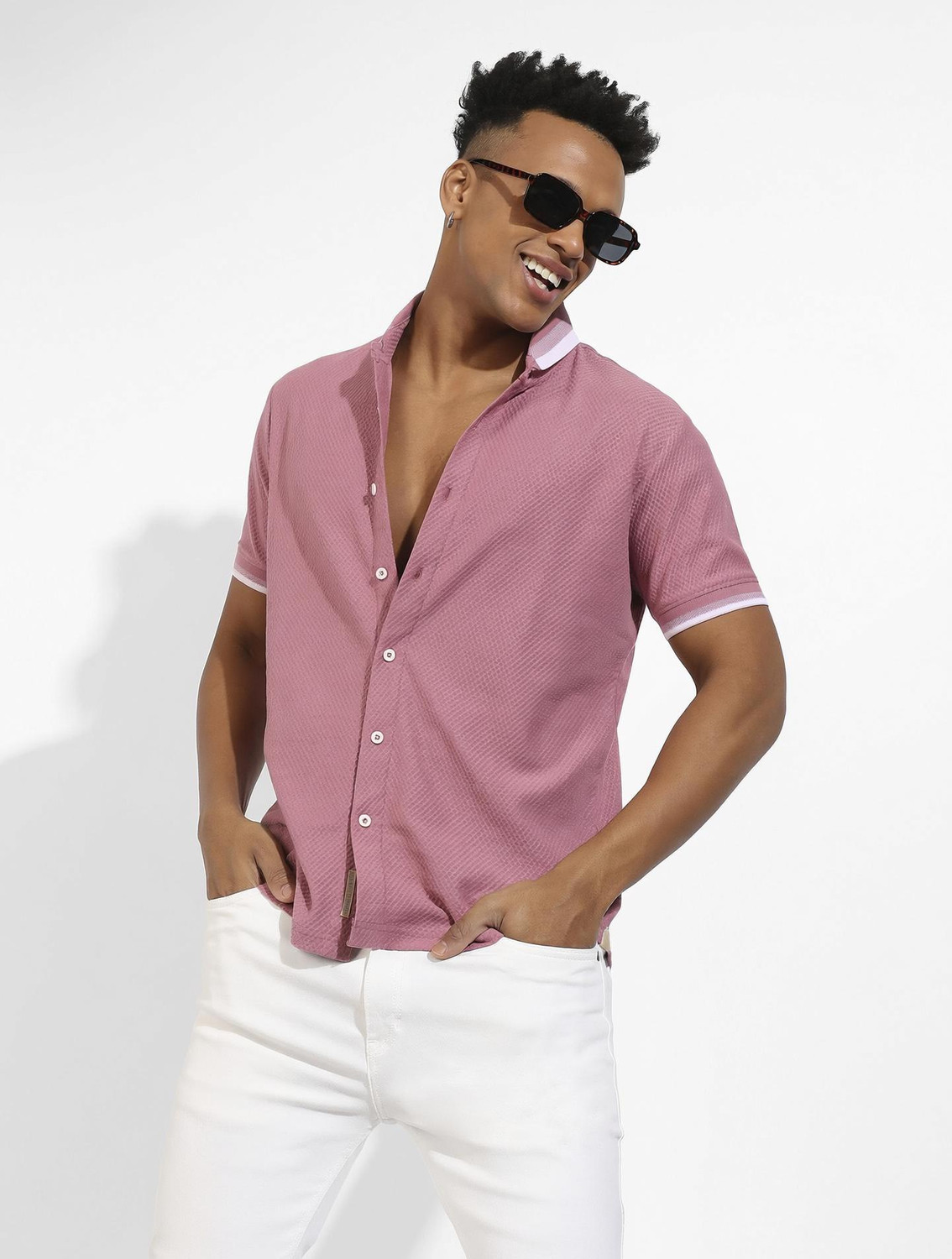 Image of CAHOOT Men Self Design Casual Pink Shirt