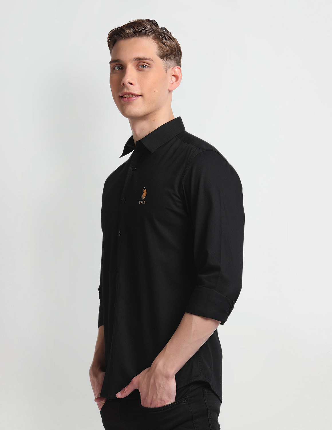 Image of U.S. POLO ASSN. Men Solid Casual Black Shirt