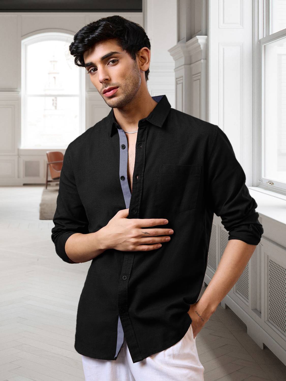 7Threads Men Solid Formal Black Shirt